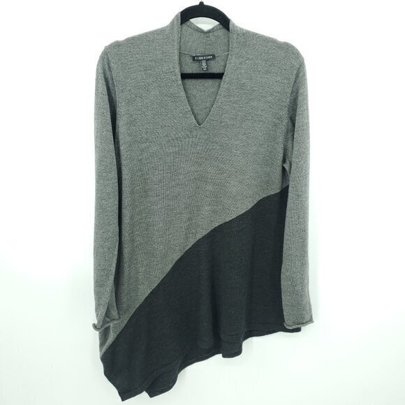 Eileen Fisher 100% Merino Wool V-neck Asymmetrical Sweater S Gray/Black - Picture 2 of 16